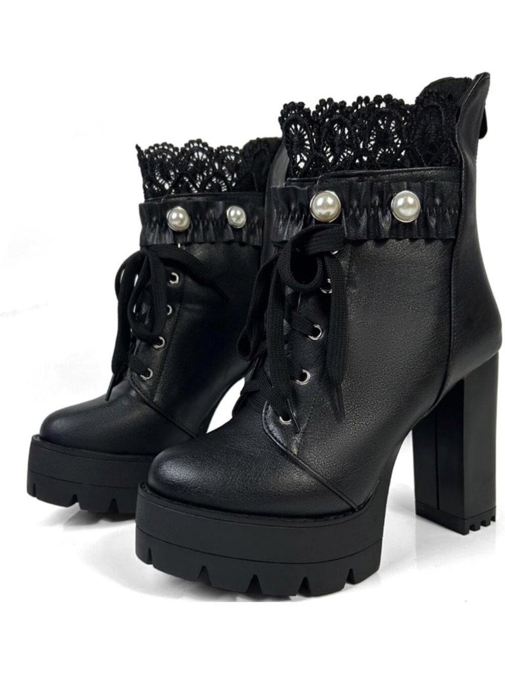 Women's Rivets Black Buckles Rivet Goth Block Heel Round Toe Zipper Ankle Boots